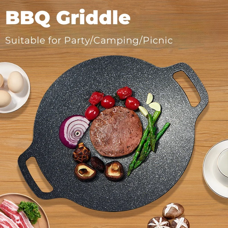 

30/36/41cm BBQ Griddle Iron Casting Grill Pan With Heat Resistant Gloves And Food Clips Outdoor Baking Tray For Camping Picnic