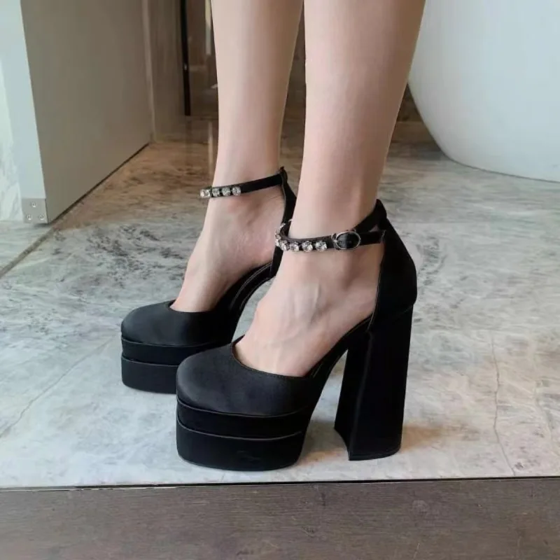 Women\'s Super High Heel Shoes Fall New Square Head Shallow Mouth Satin Drill Strip with Thick Sole Non-slip Low Top Shoes