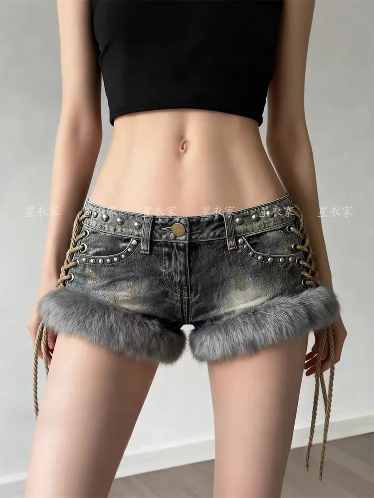 Women's Fur Patchwork Booty Jean Shorts Low Rise Beach Jeans Shorts Nightclub Denim Shorts 2000s Y2k Gyaru Hot Shorts Pants 2026