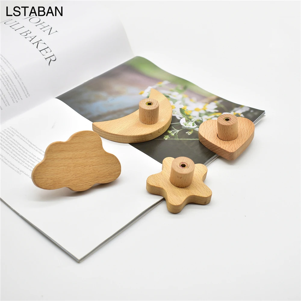 Solid Wooden Furniture Handle Drawer Knobs Kitchen Cabinet Pulls Handles Children's Room Stars Moon Cloud Door Handle Wood Knobs