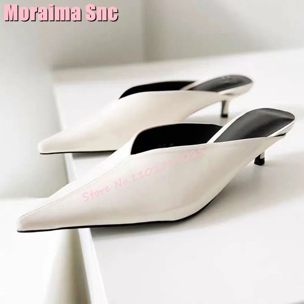 

Pointed Toe Shallow Thin Mid Heel Mules Concise Style Half Slippers Slip On Fashion 2024 New Women's Slides Summer White Solid