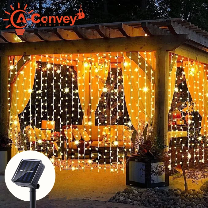

Солнечные гирлянды-шторы 300 LED, 8 режимов, уличные, водонепроницаемые, для сада, Рождества, свадьбы, вечеринки