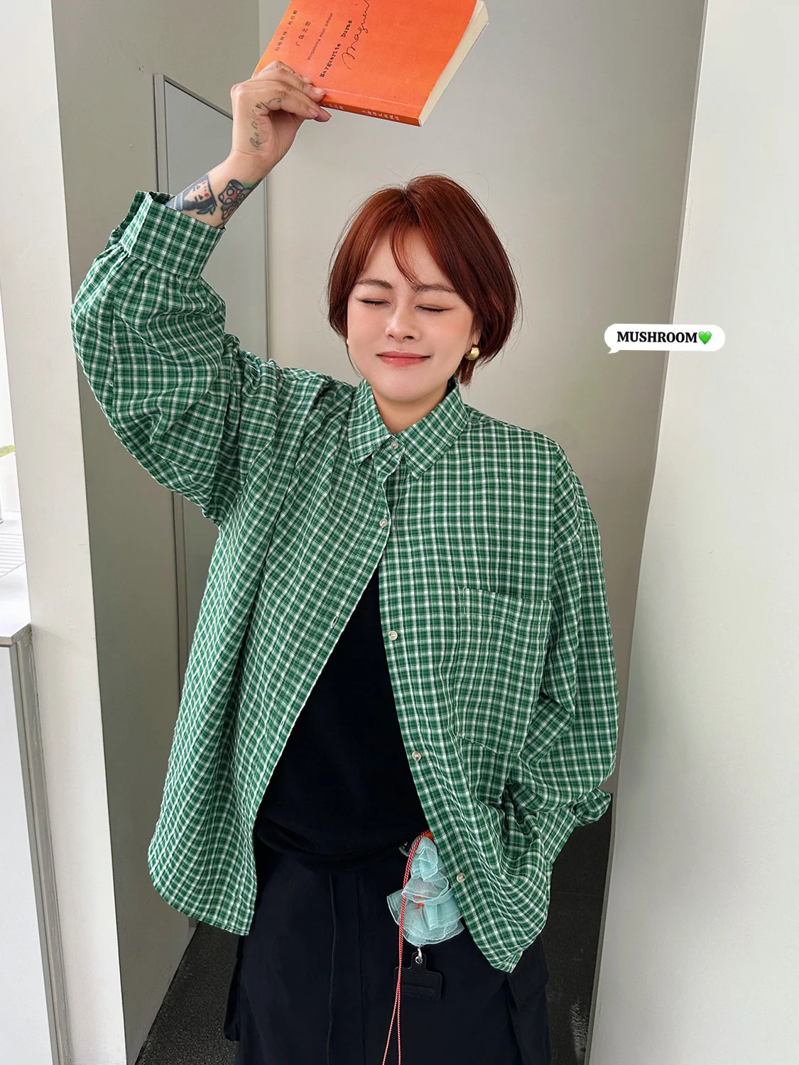 

Miss Mushroom Head 2026 New Retro Style Casual Fashion Loose Slimming Fine Grid Collar Shirt Women's Classic Cotton Long Sleeve