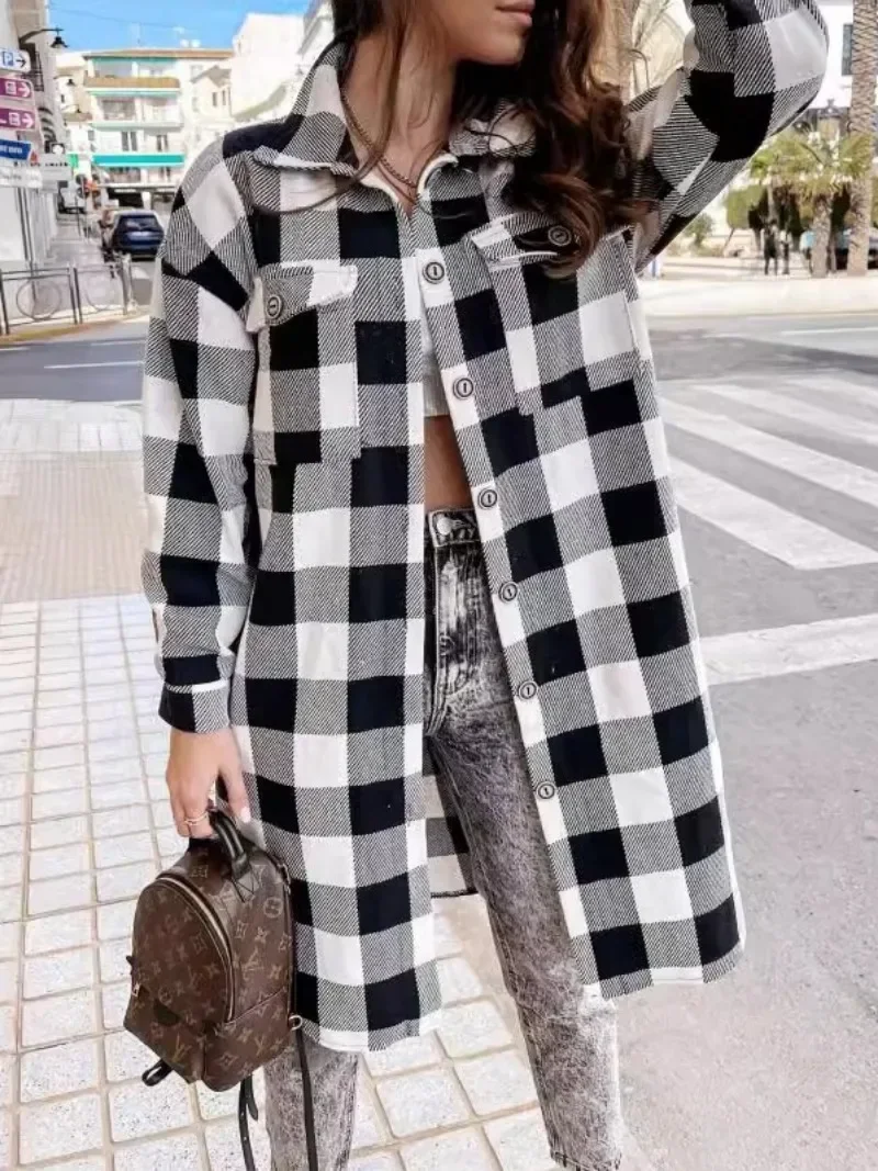 Women\'s New Fashionable Spring and Autumn Popular Long Skirt for Commuter Travel Casual Checkered Shirt