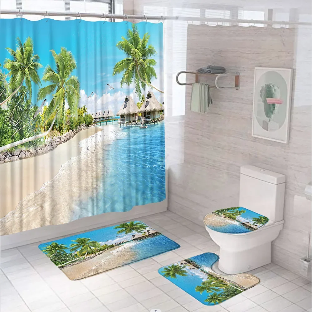 4Pcs Tropical Beach Sunset Glow Shower Curtain Sets Scene Ocean Palm Trees Sea Waves Bathroom Curtains Bath Mat Rug Toilet Cover