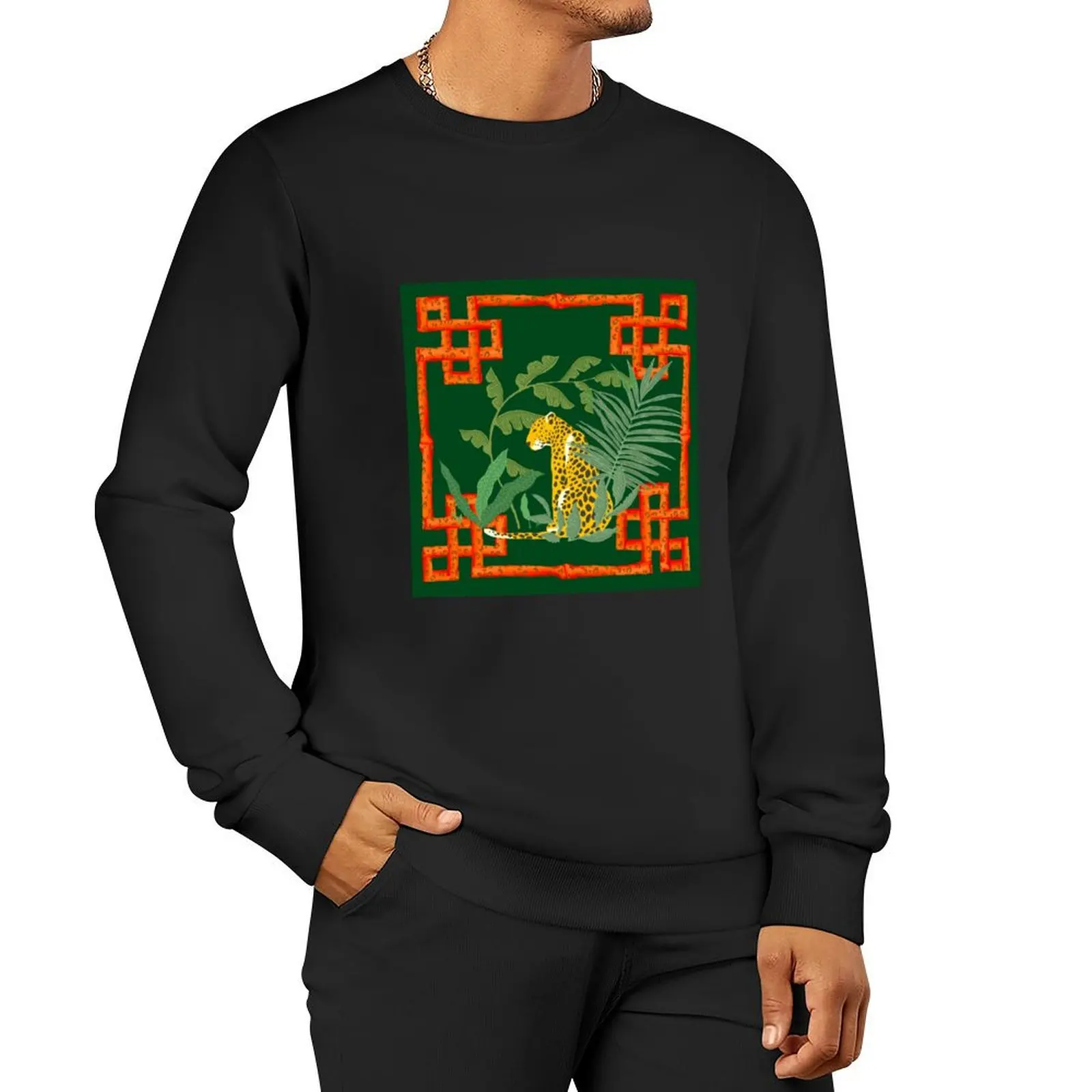 

Chinoiserie Dark green verde tropical leopard cheetah Pullover Hoodie korean clothes sweatshirt for men