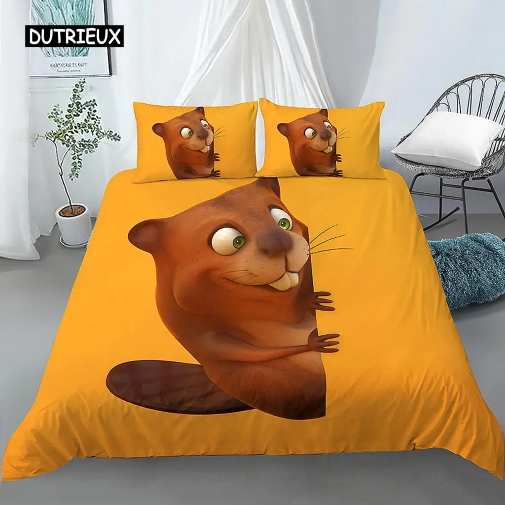 

Cartoon Beaver Duvet Cover King Queen Funny Lovely Animal Bedding Set Kids Girls Wildlife Polyester Comforter Cover Pillowcase