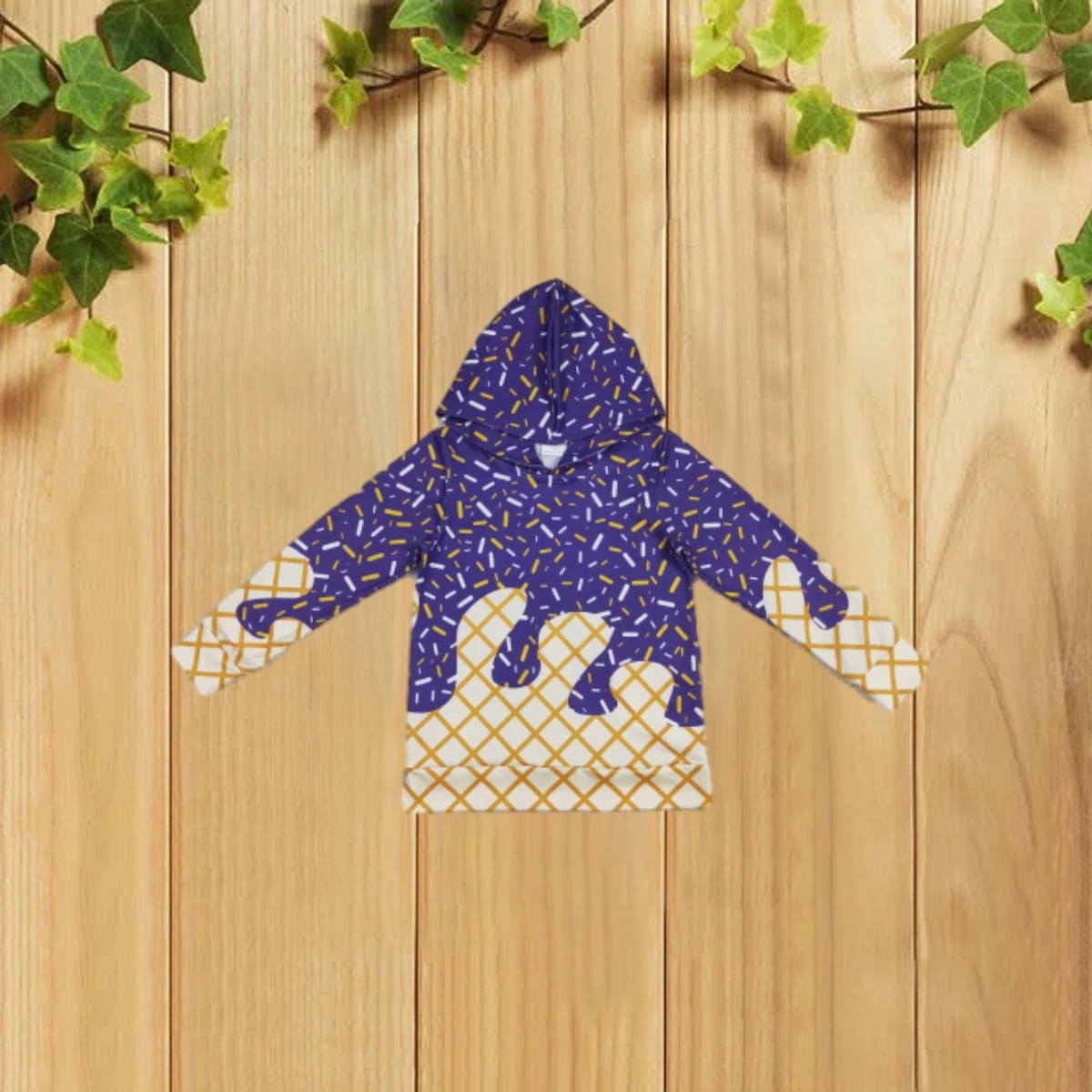 

8.19 BT1276 Фиолетовый детский топ с капюшоном и длинными рукавами для вафельного мороженого для детей, удобный молодежный модный топ из смеси хлопка и полиэстера