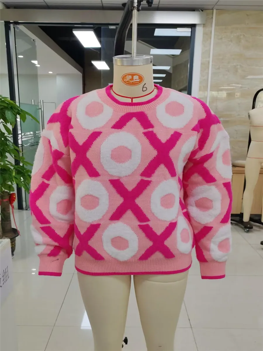 Women\'s Valentine\'s Day Knit Sweater Sweet Letter Heart Jacquard Long Sleeve Round Neck Pullovers Tops Autumn Spring Knitwear