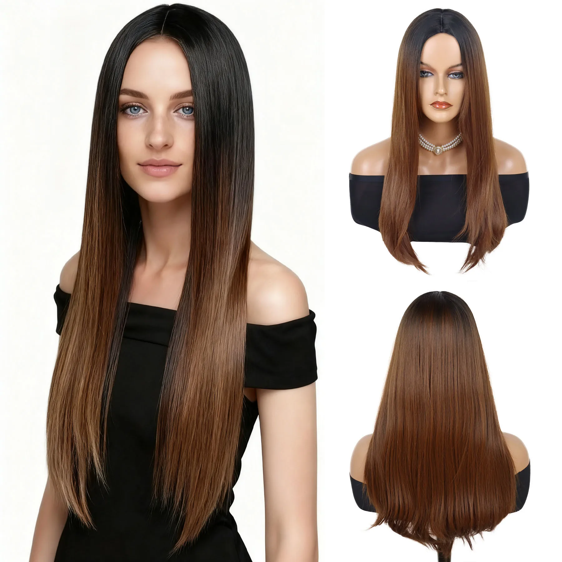 

Коричневые парики с омбре, синтетические волосы, длинный прямой парик, натуральный гладкий женский парик с челкой для женщин, повседневный костюм, термостойкий
