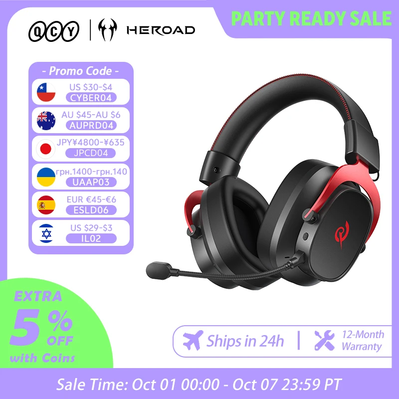 Fone QCY Headset Gamer Sem Fio Heroad VT200 com Microfone Destacável, Som Surround 7.1 Tri-Modo para PC/PS4/PS5