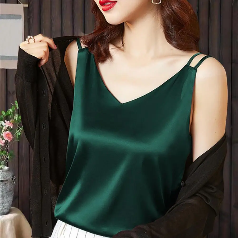 Camisola de seda gelo gola v feminino, top sem mangas, poliéster respirável, cor sólida, suspensórios, colete sexy, blusas, roupas femininas