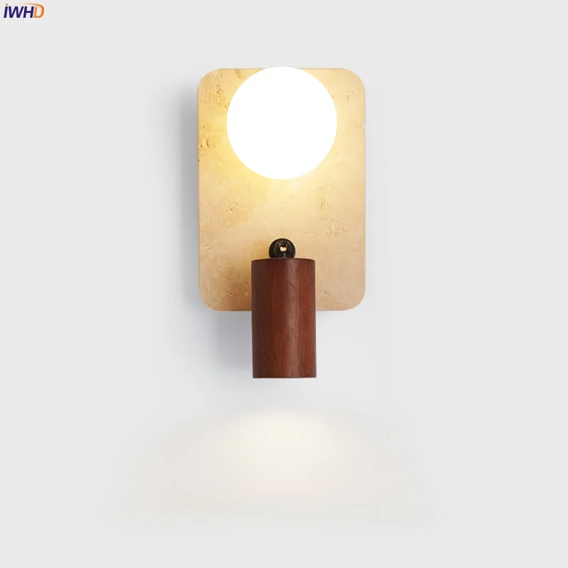 

IWHD Mid Century Modern LED Wall Lamp For Living Room Bedside Yellow Travertine Wood Bathroom Mirror Stair Light Aplique Pared