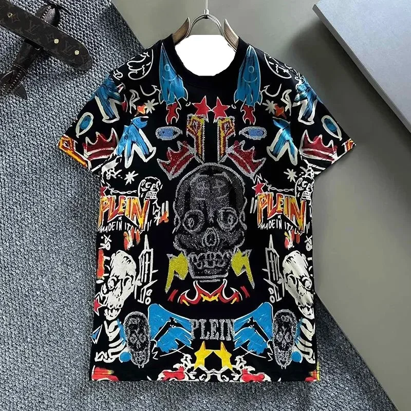 Alex Plein Rhinestones Skulls Graffti Men's Fashion Clothing Couple Streetwear Cotton 2024 Summer Crew Neck Shortsleeve Tshirt