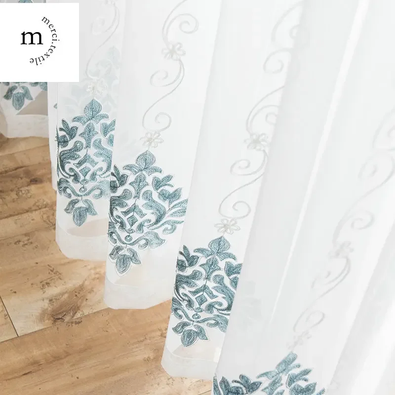 European Style Curtains for Living Dining Room Bedroom Simple Embroidered White Tulle Tailored with Thin  Eyelet Curtains Custom