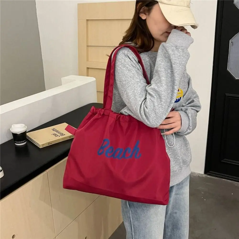 Canvas Drawstring Tote Bag Korean Style Large Capacity Nylon Shoulder Bag Shopping Bag Beach Bag Letter Printed Handbag Women