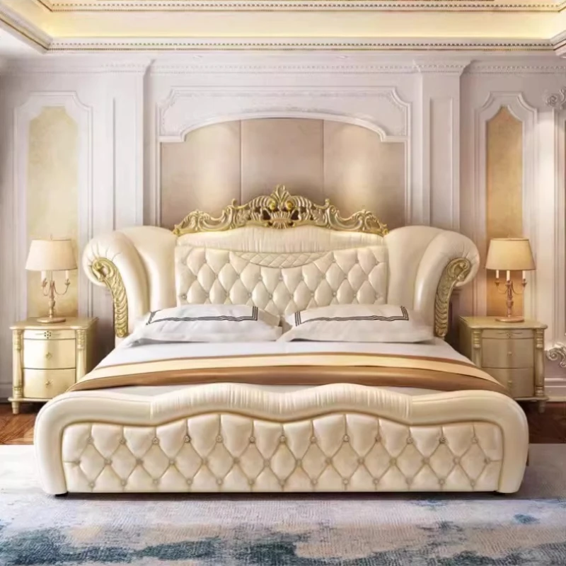 king size genuine leather Double bed 180x200cm High end elegant design bedroom beds comfortable camas de dormitorio furniture