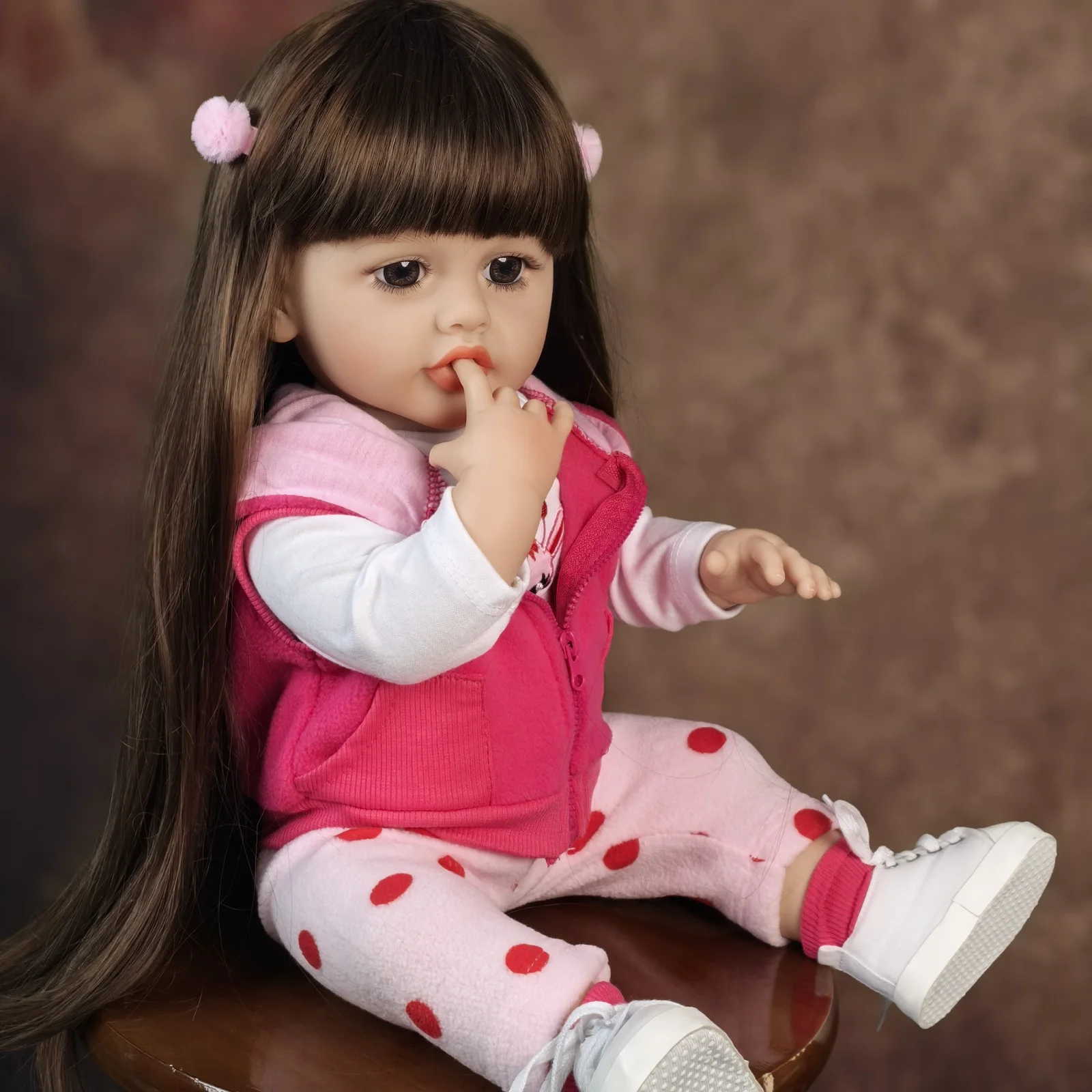 55 Cm Reborn Baby Dolls Long Brown Hair Girl Full Silicone Vinyl Newborn Doll With 2 PCS Clothes sets DIY Kids Playmates Toy