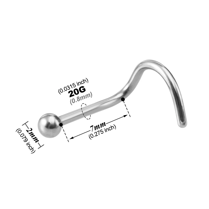 10pcs Steel Ball Bending Bar Nose Stud for Women Men Stainless Steel Nostril Stud Screw Fashion Nose Bone Stud Piercing Jewelry