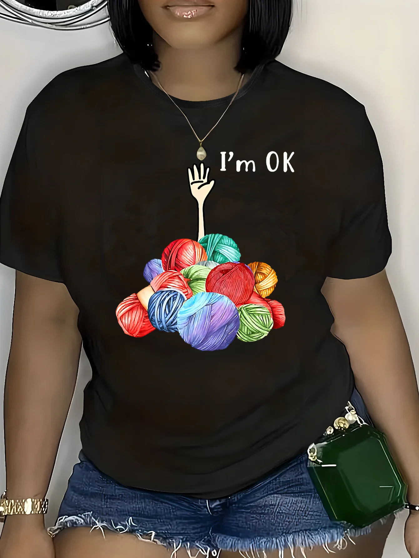 

Plus - Size Women's Black Short - Sleeve T - shirt, Colorful Yarn & “I'm OK” Print, Funny & Crafty