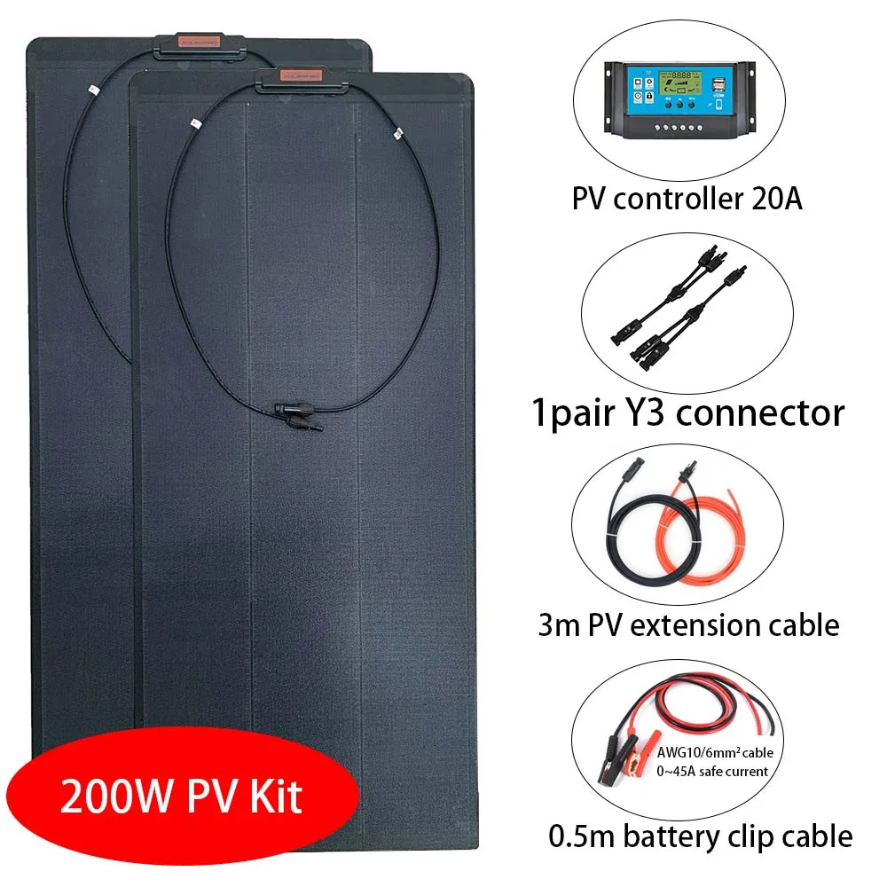 100W Flexible Solar Panels All Black ETFE MONO TPT 100W 200W Kit With Controller and Connectors 12V PV Panels Flexible