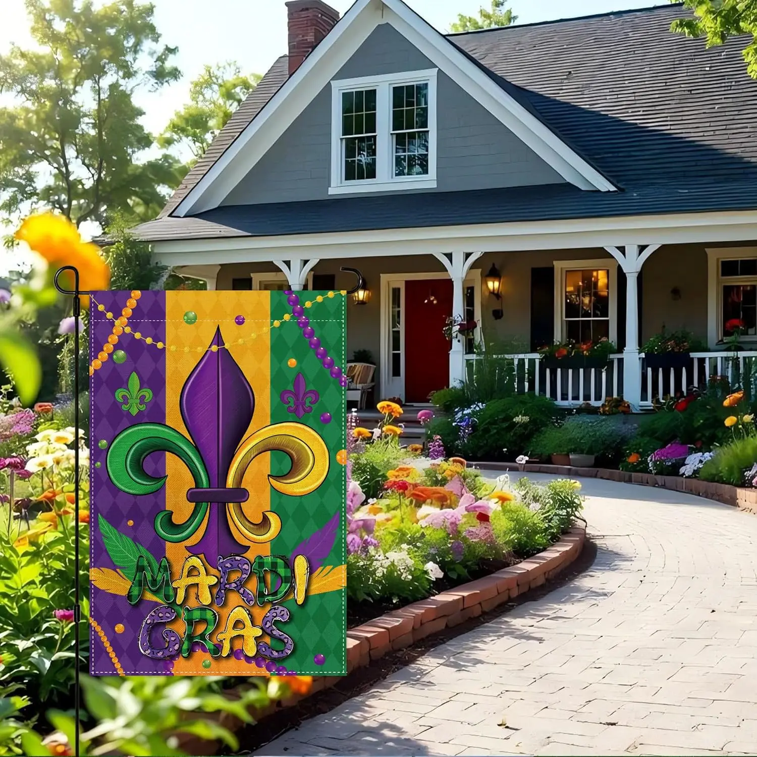 Mardi Gras Garden Flag 12x18 Inch Double Sided Outside, Fleur de Lis Beads Carnival Party Yard Outdoor F ZZM