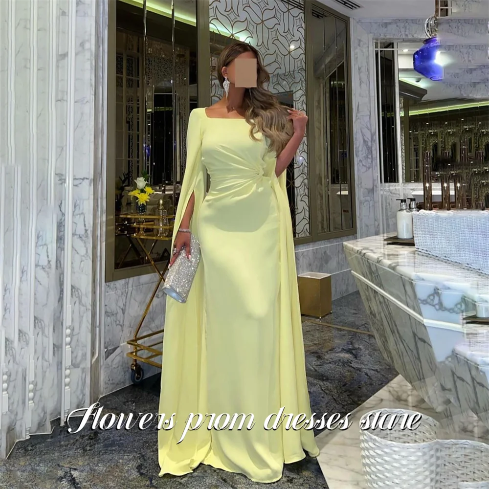 

Flowers Lemon Yellow Prom Dress Square Neck Celebrity Dresses Full Sleeve Women's Evening Dresses Wrap Hips for Gala Customized
