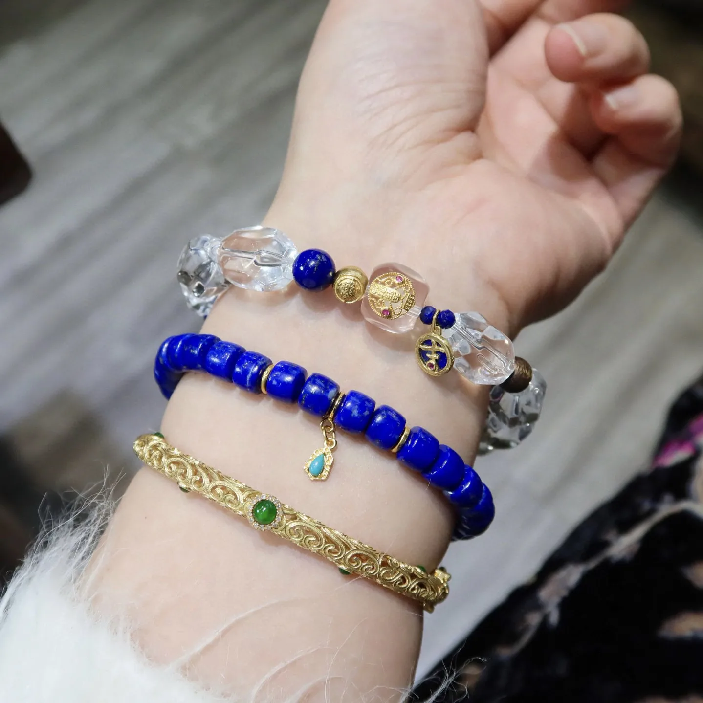 Natural Clear Quartz & Lapis Lazuli Bracelet, Silver Gold Plated Tiger Tooth Beads, Spiritual Blessing Healing Jewelry Gift
