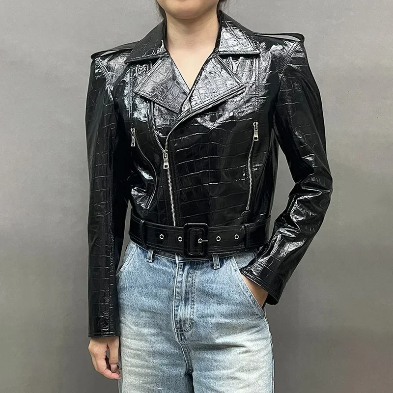 2024 Women\'s Genuine Leather Jacket Patent Leather Crocodile Pattern Autumn Spring Fashion Real Sheepskin Leather Coat