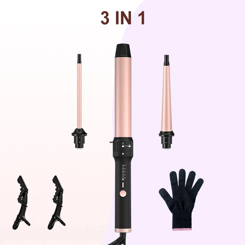 Ensemble de baguette à boucler 3 en 1 - Fer à friser pour femmes avec 3 baguettes interchangeables pour des ondulations de plage, de 1/2 pouce à 1 1/4 pouce, rapide