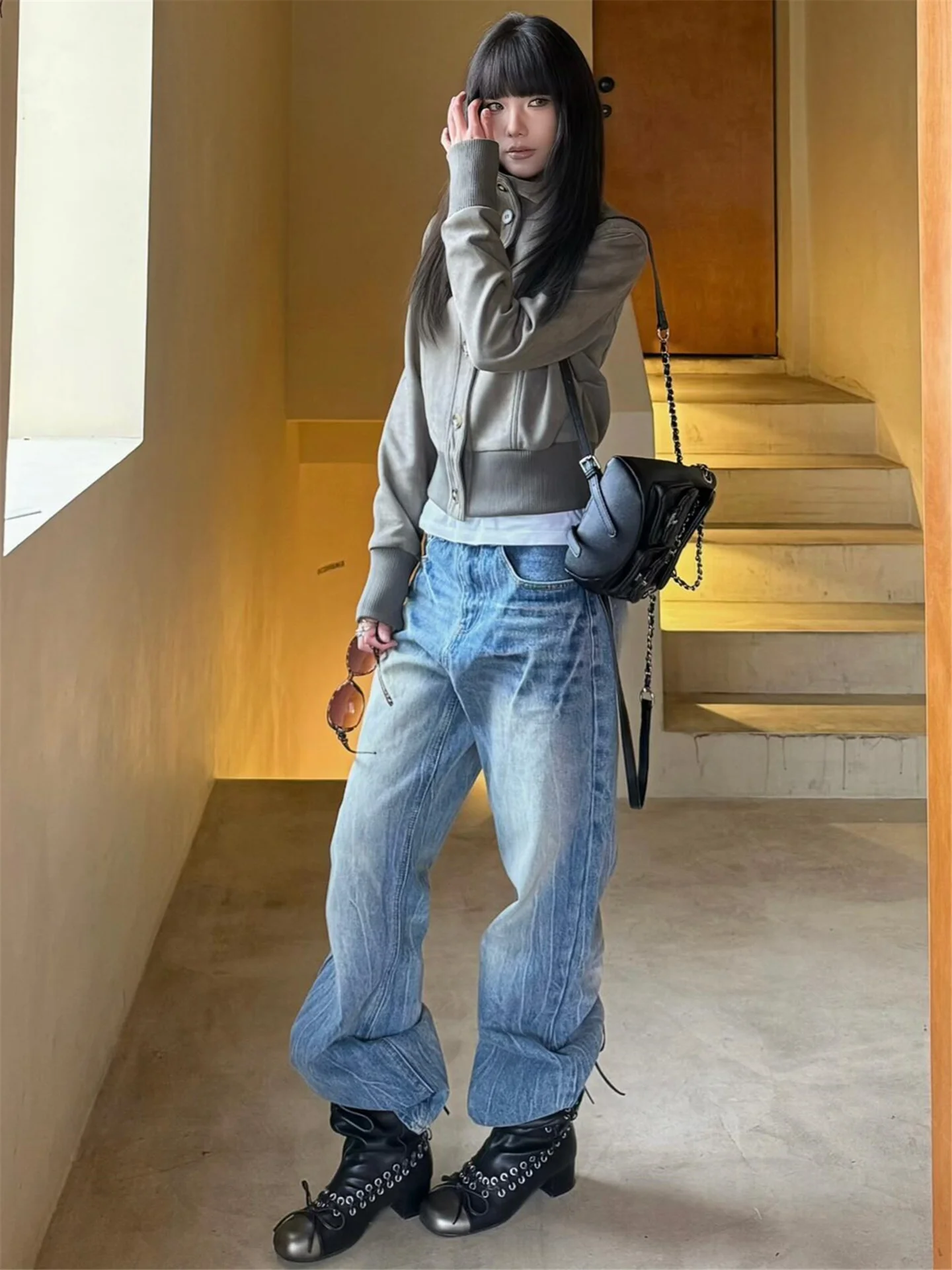 

Retro American High Street Loose Fit Low Waist Bell Bottom Jeans Women's Spring Autumn Slimming Design Sense Floor Length Pants