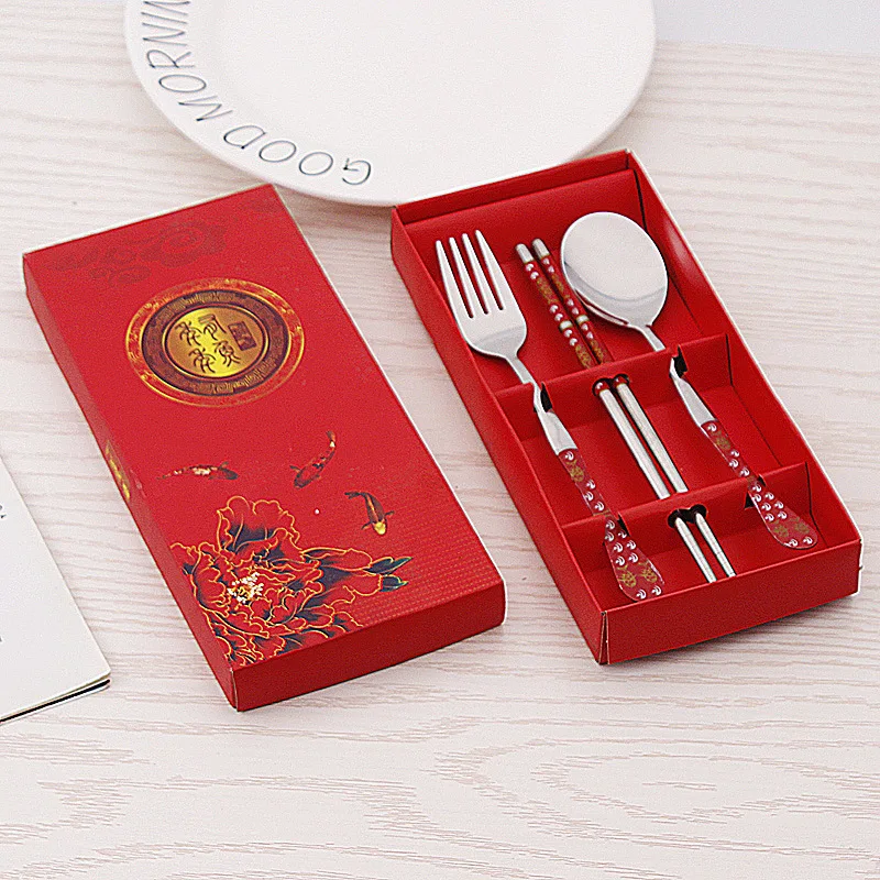 Korean Style Double Fish Pattern Stainless Steel Spoon Chopsticks Gift Set  Stripe Design Boxed Utensils for Everyday... view 2