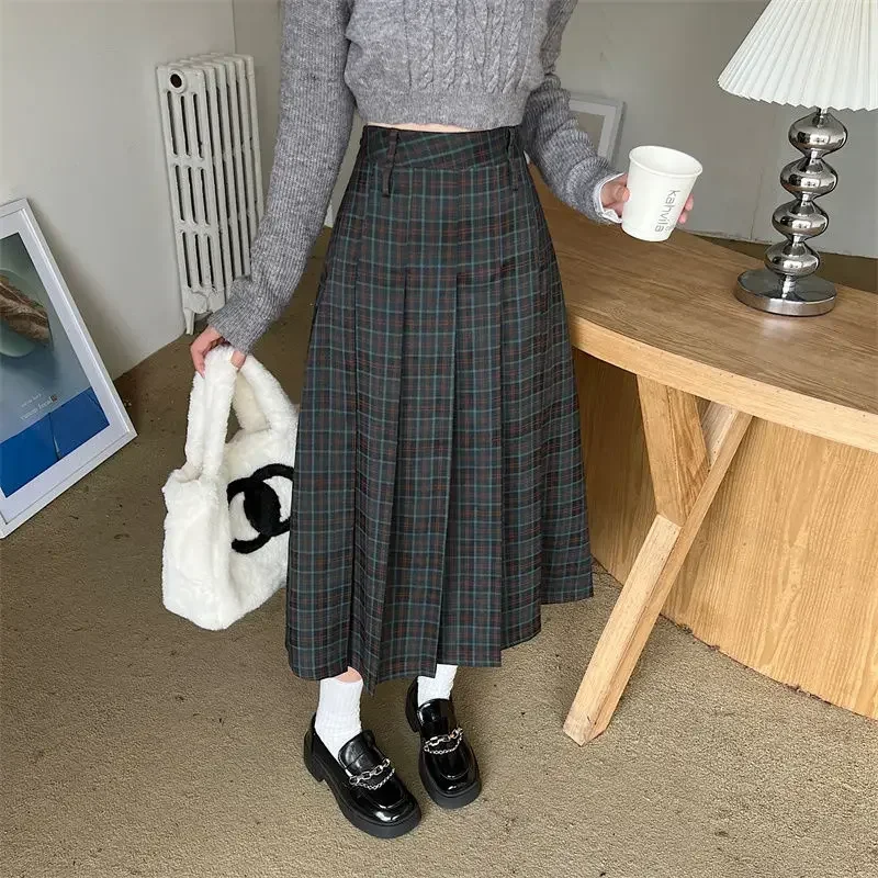 Miiiix Retro College Style Pleated Skirt for Women's Autumn New Style Plaid American Slimming A-line Skirts Female Clothing