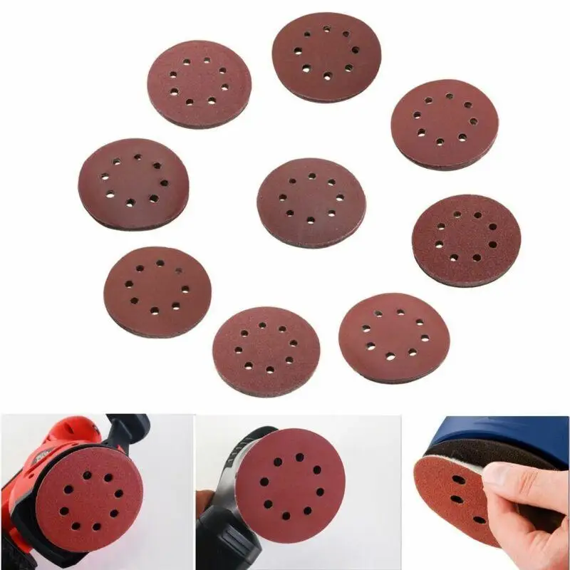Dischi abrasivi di forma rotonda da 125 mm da 5 pollici Gancio ad anello Foglio di carta per lucidatura Carta vetrata Levigatrice a 8 fori Tampone per lucidatura Strumenti 10 pezzi