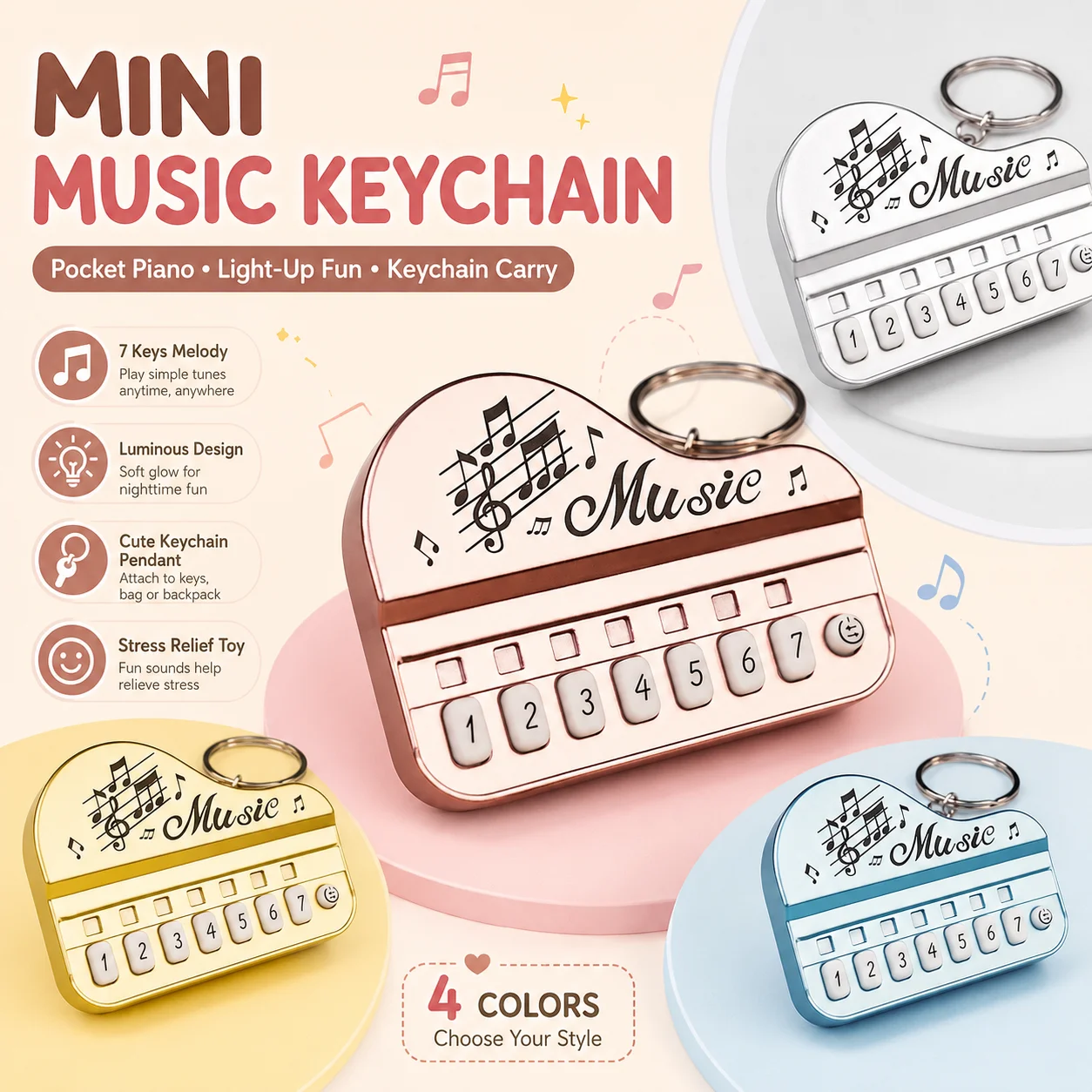 Xmas Gift 7 Keys Pocket Musical Piano Keychain Metallic Gloss Decorative Ornament Holiday Present For Daily Carry 1/2/3 PCS