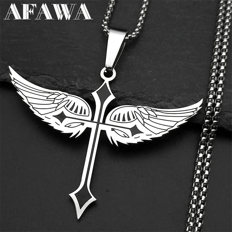 

Personalized Angel Wing Cross Christian Pendant Necklace for Women Men Stainless Steel Silver Color Man Chain Faith Jewelry Gift