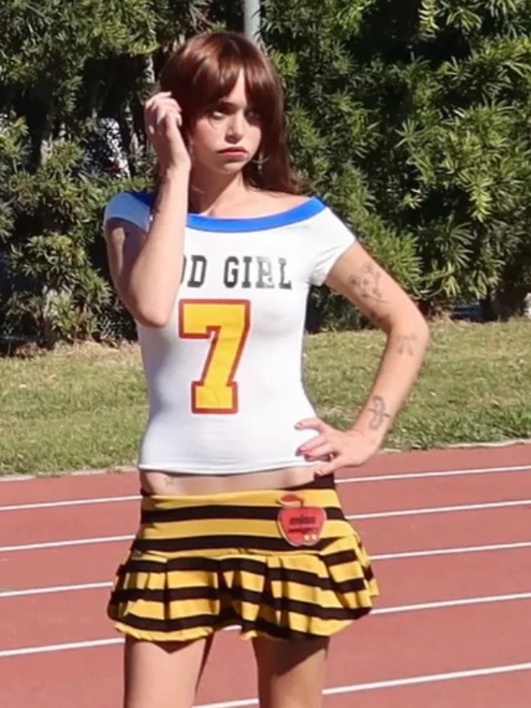 

Летняя уличная одежда, свежие футболки в стиле ретро с буквенным принтом, футболки с короткими рукавами на одно плечо American Spicy Girl Pure Desire