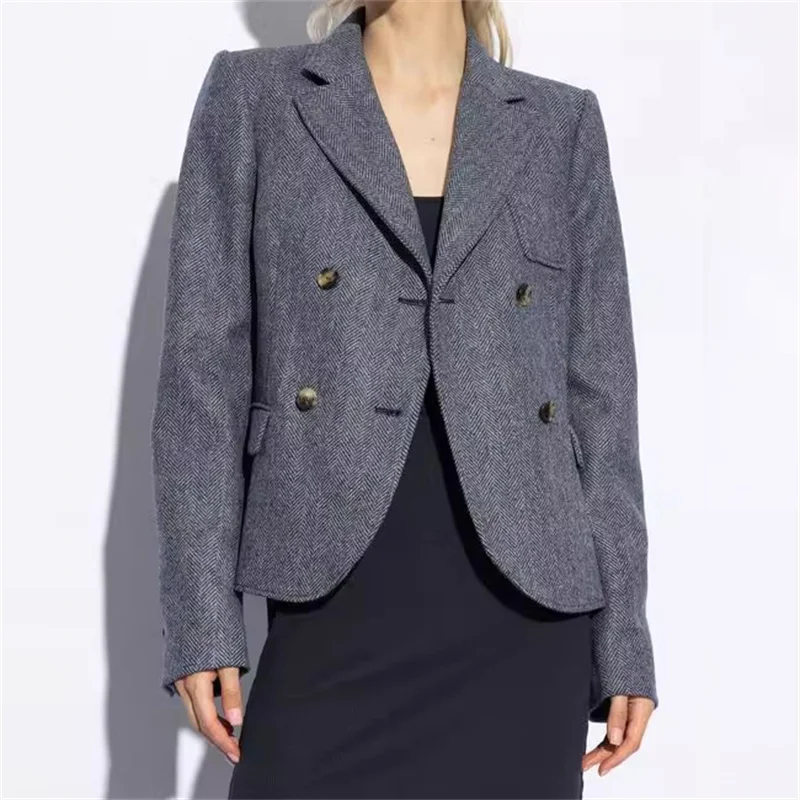 

Women's jacket 2024 autumn New outerwears double breasted slim fit women's suit jacket High quality wool blend long sleeved top