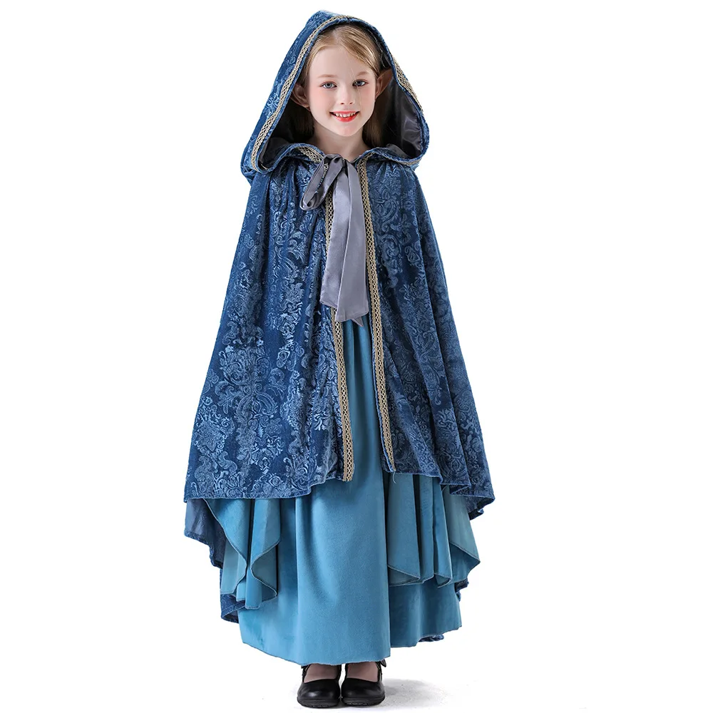 Halloween Girl's Elf Princess Cosplay Hooded Cloak Children Medieval Renaissance Court Performance Outfit Carnival Stage Dress
