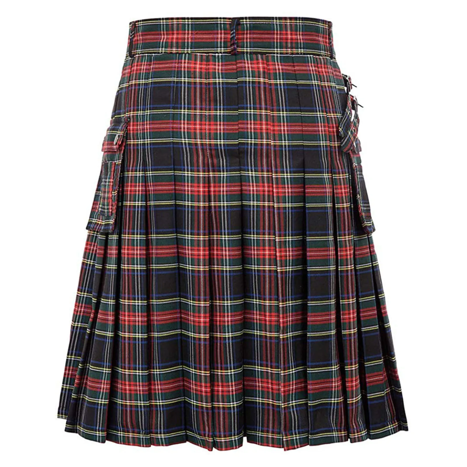 

Scottish Mens Traditional Highland Tartan Kilt Pleated Bilateral Chain Brown Gothic Punk Check Contrast Color Tartan Short Skirt