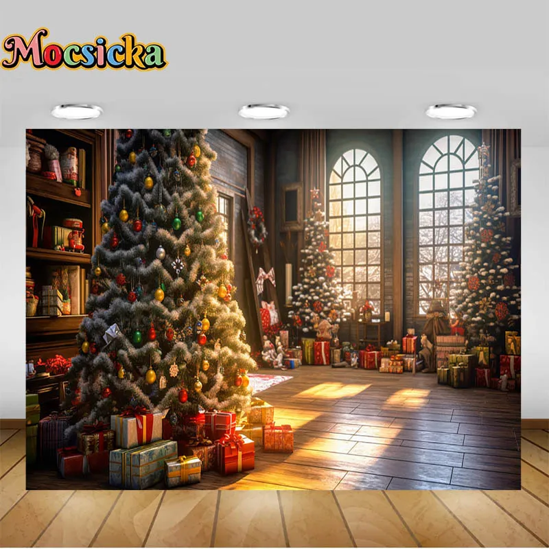 التصوير خلفية شجرة عيد الميلاد في غرفة مع الموقد والنوافذ مضيئة عيد الميلاد ديكور الدعائم خلفية حفلة عائلية