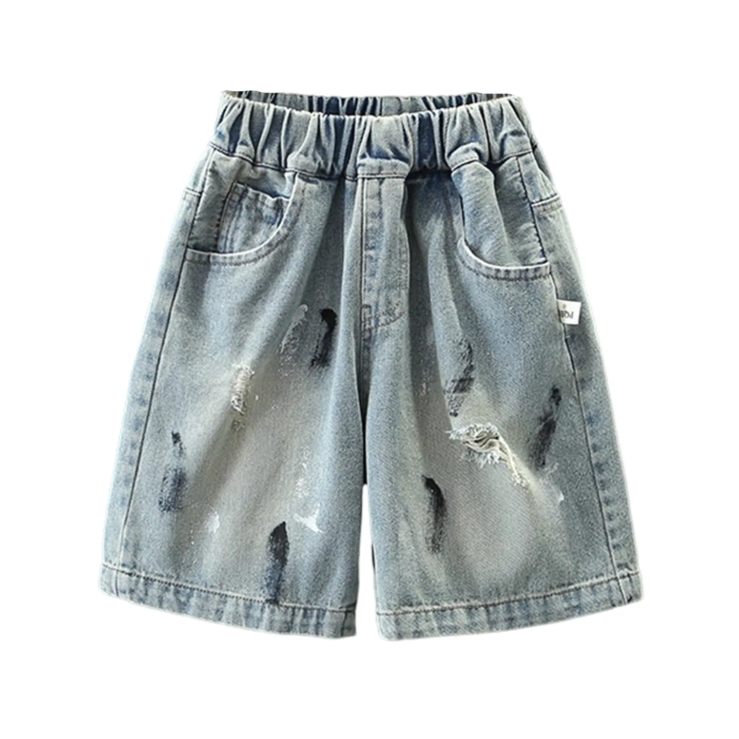 New Boys Vintage Washed Denim Shorts Kids Fashion Distressed Paint Jean Shorts Ripped & Graffiti Loose Casual Summer Trousers