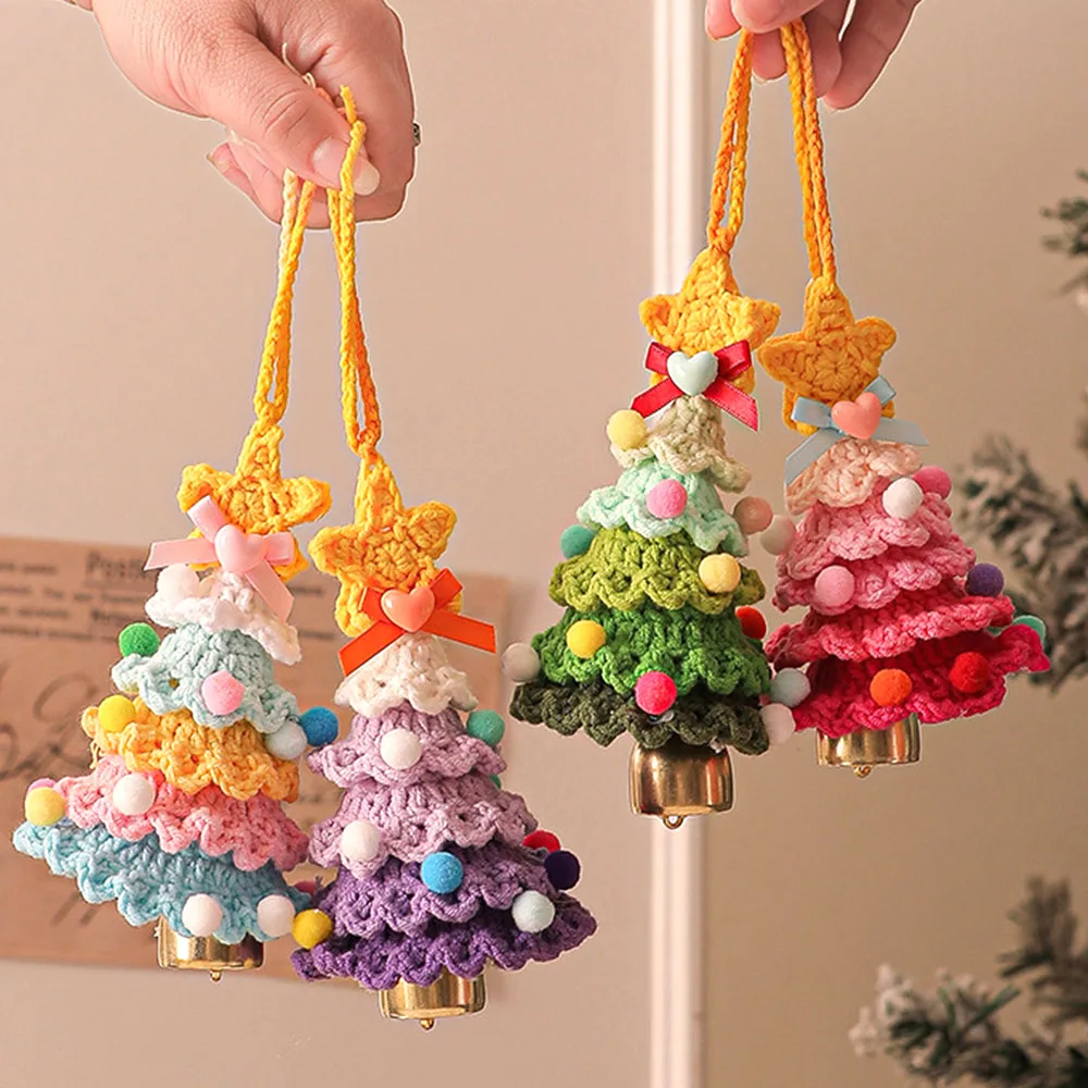 Hand-Knitted Crochet Tree with Jingle Bell Christmas Dinner Hanging Decorate for Home Bar KTV New Year Carnival Crafts Supplies