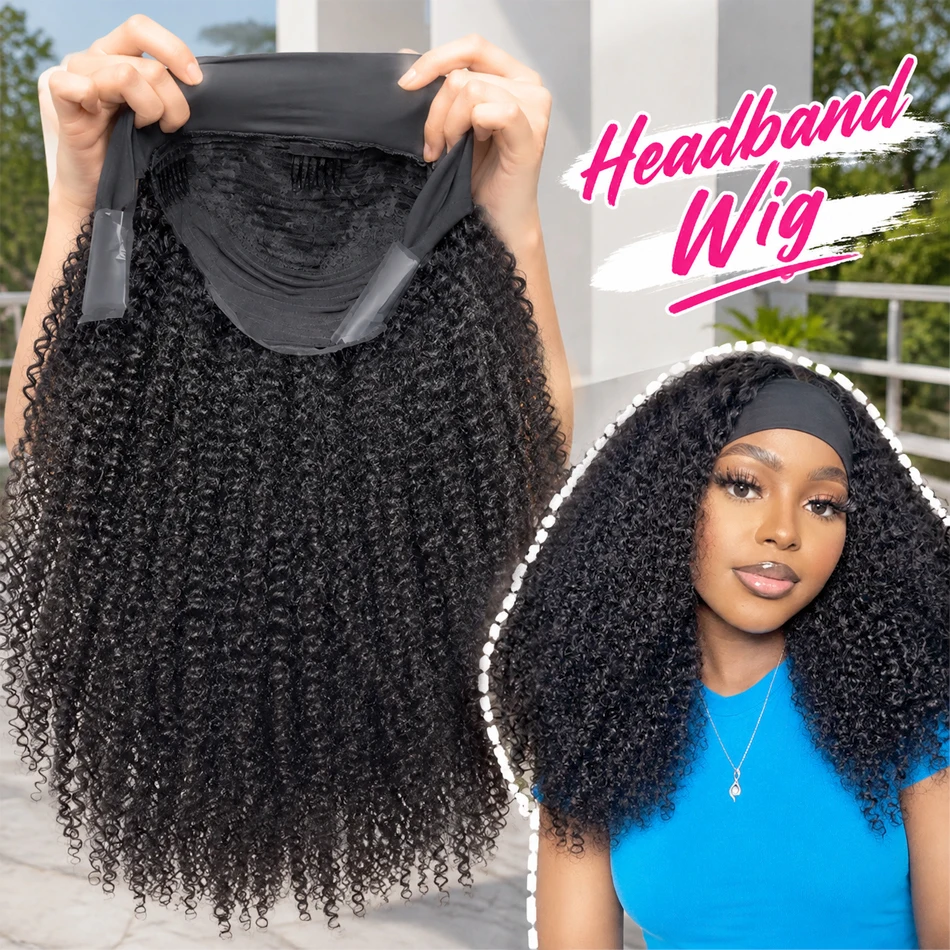 SIXQUEEN 38 Inch Kinky Curly Headband Human Hair Wigs 250% Density Kinky Curly Headband Wig Wear And Go Machine Human Hair Wig