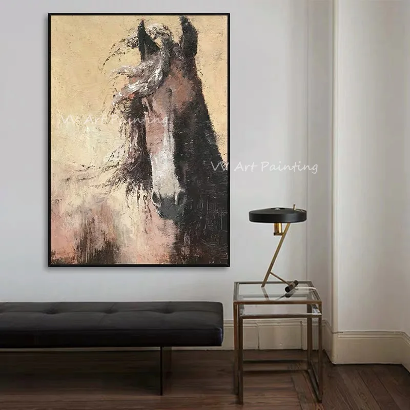 Vertical Handmade Equine Oil Painting, Palette Knife Horse Head Art, Retro Distressed Texture Canvas Wall Decor