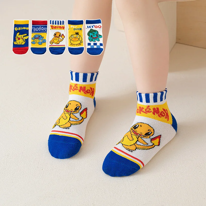 5pairs Pokemon Action Figures Pikachu Psyduck Squirtle Bulbasaur Boys Girls Children Cotton Short-tube Boat Socks Birthday Gifts