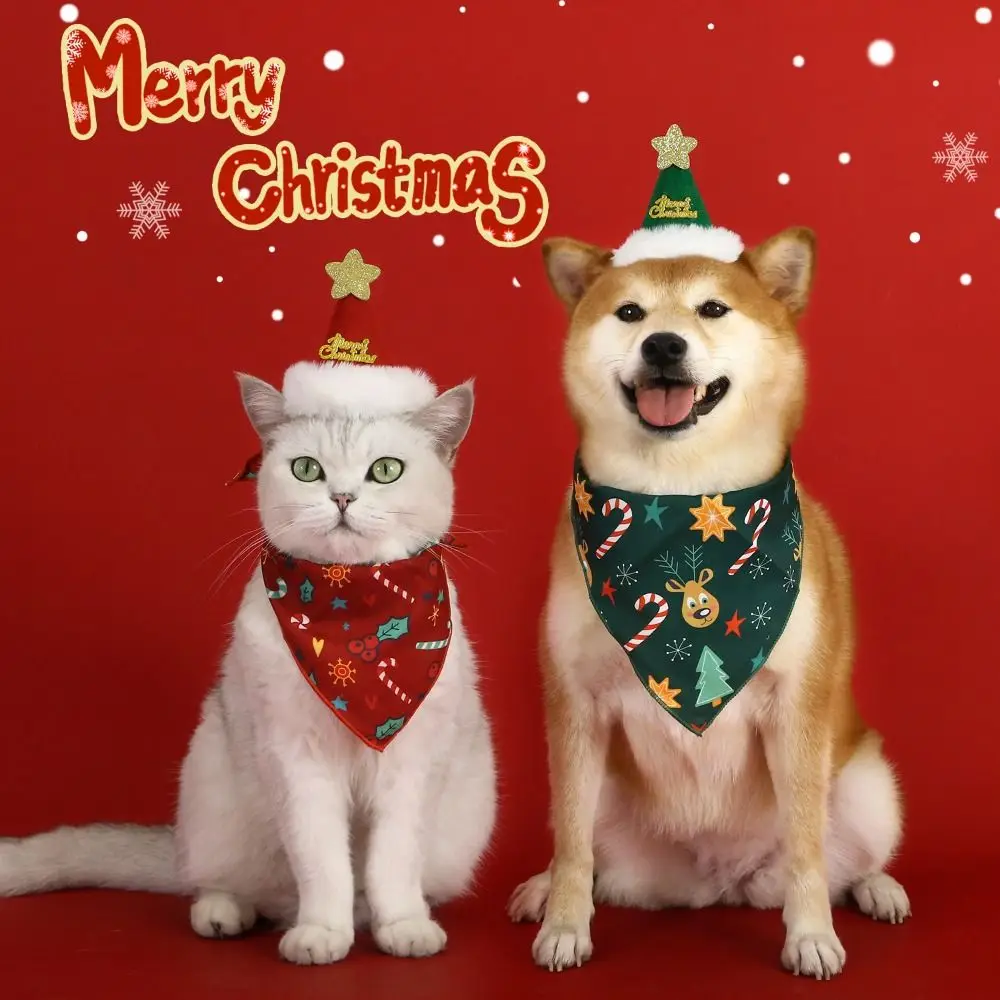 2Pcs Cute Kitten Dress Up Accessories Christmas Tree Bat Triangle Scarf Cat Christmas Bib Hat Set Santa Claus Felt Dog Headwear