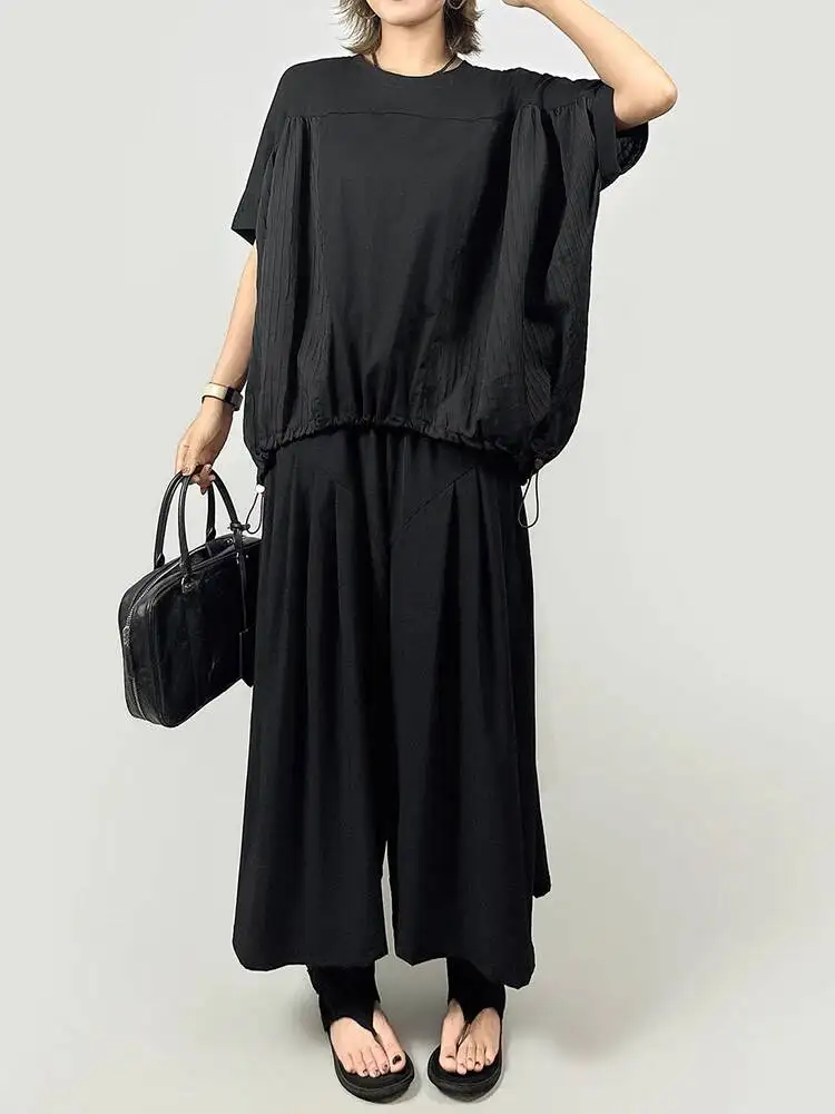 Black Drawstring Women Big Size T-shirt New Round Neck Short Batwing Sleeve Fashion  Spring Summer 2026 8707 view 4