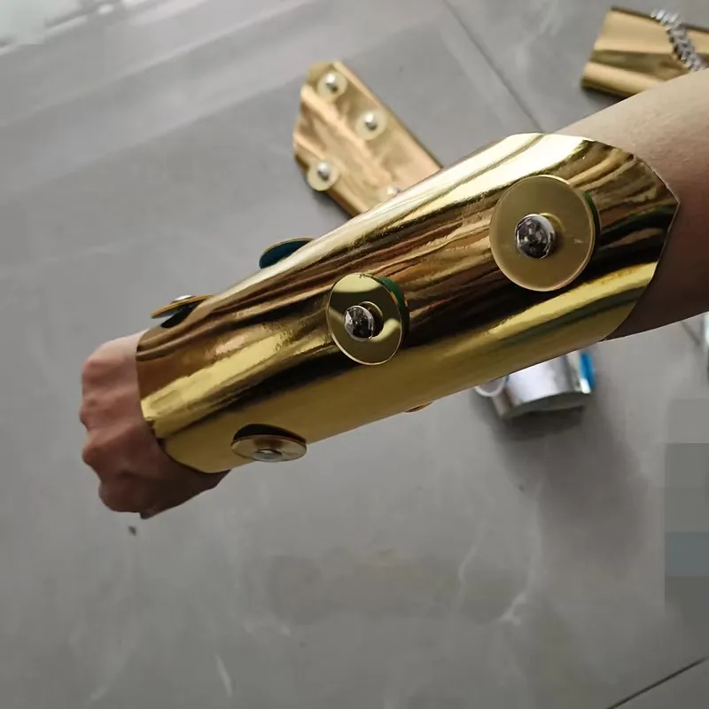 Guantes de manga de brazo con remaches de cuero dorado y plateado para hombre y mujer, accesorios para actuación en escenario, Cosplay de Halloween, puño de bailarina estampado