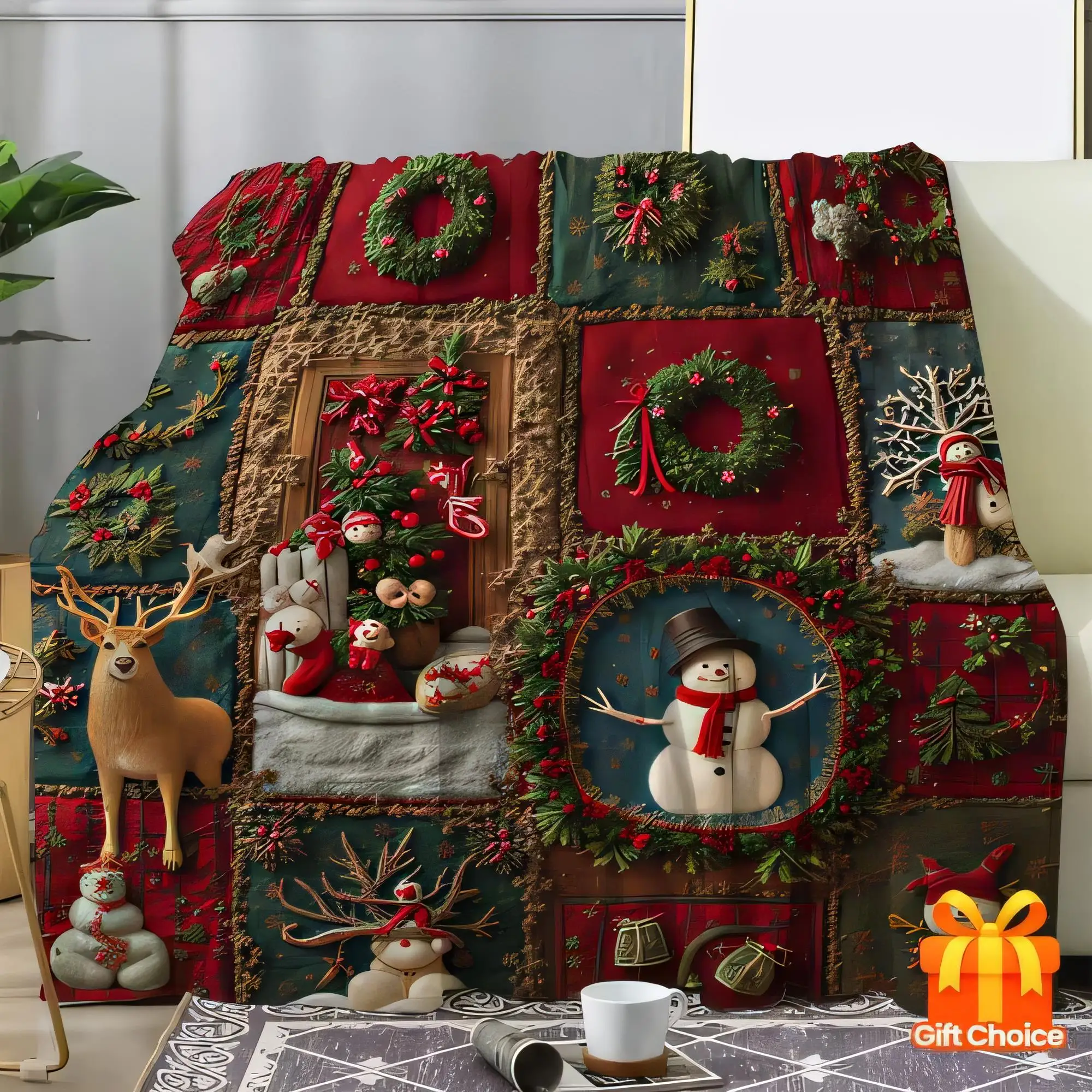Weihnachts-Patchwork-Decke, weich, gemütlich, Überwurf, Innendekoration, festliche Rentier-Schneemänner, Kränze, ideal als Weihnachtsgeschenk oder als Heimdekoration